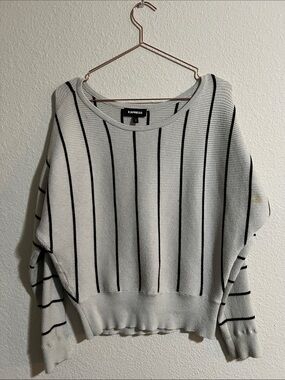 Express Cream Crewneck Sweater with Black Vertical Stripes